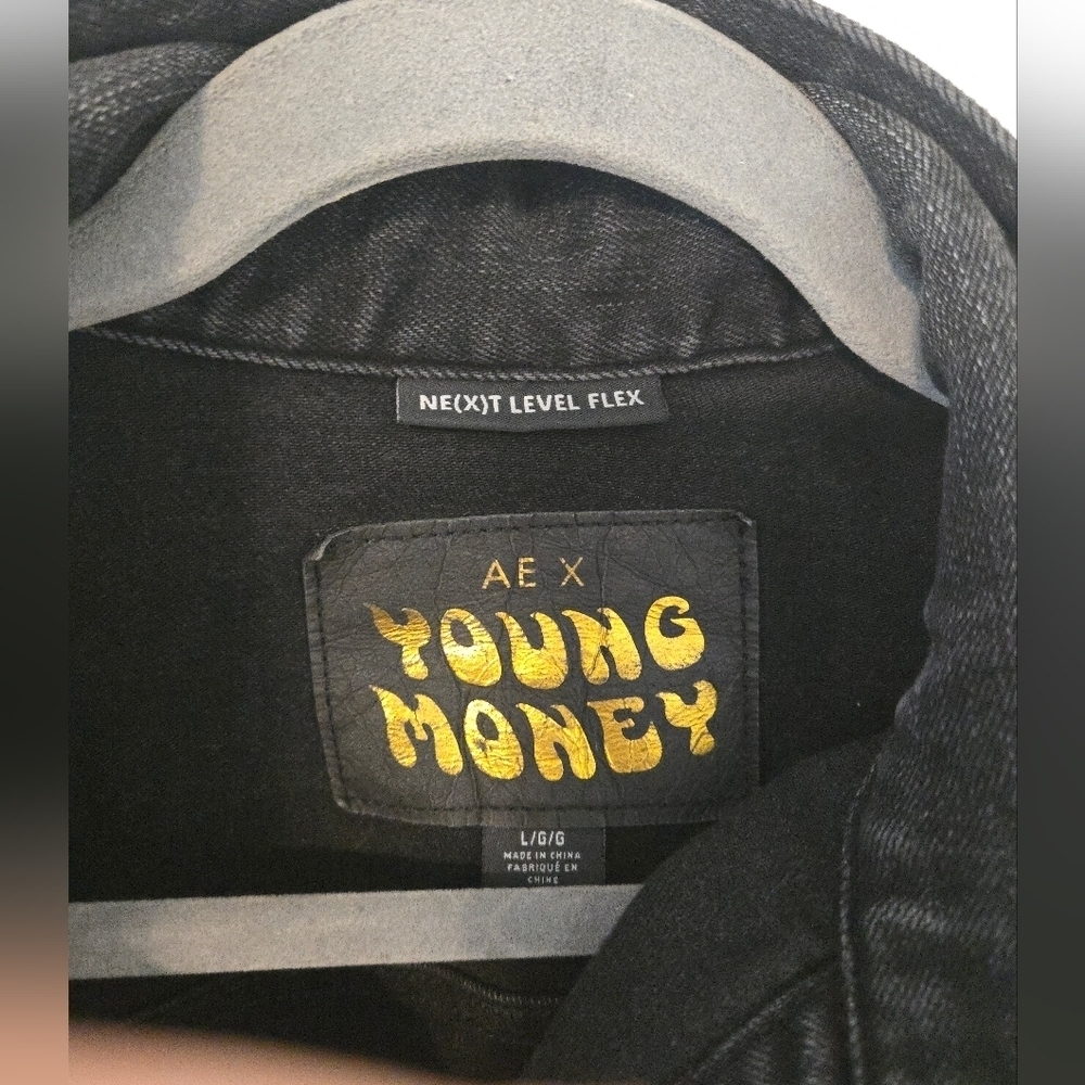 AE Young Money Black Jean Jacket Mens Size Large American Eagle Lil Wayne Drake - Picture 2 of 7
